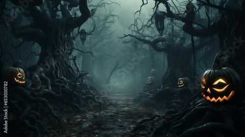Haunted forest with eerie fog, scattered carved pumpkins