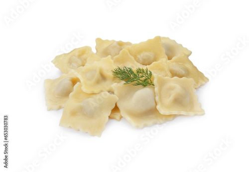 Delicious ravioli with tasty filling and dill isolated on white