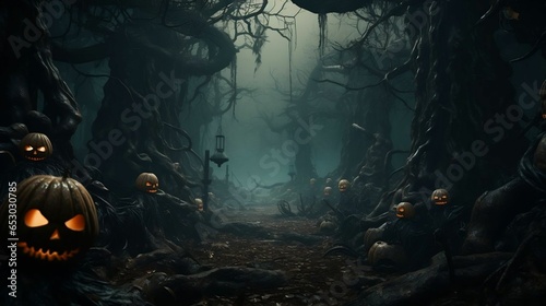 Haunted forest with eerie fog, scattered carved pumpkins