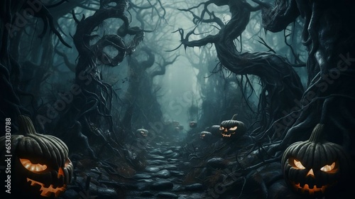 Haunted forest with eerie fog, scattered carved pumpkins