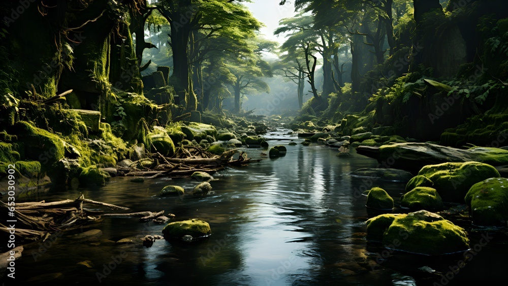 A River Running Through A Lush Forest A River Running Through A Lush Forest