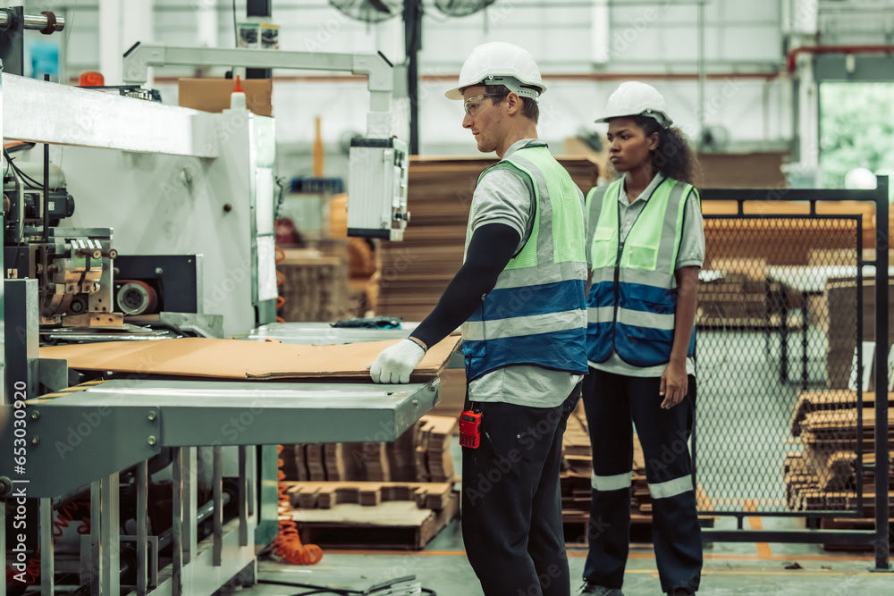 The tech prepare cardboard sheet with precision before automating production in the paper factory. The tech prepare cardboard sheet with precision before automating production in the paper factory.