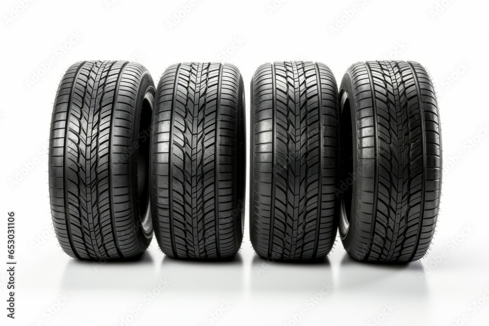 New car tires on a white background. Background with selective focus and copy space New car tires on a white background. Background with selective focus and copy space