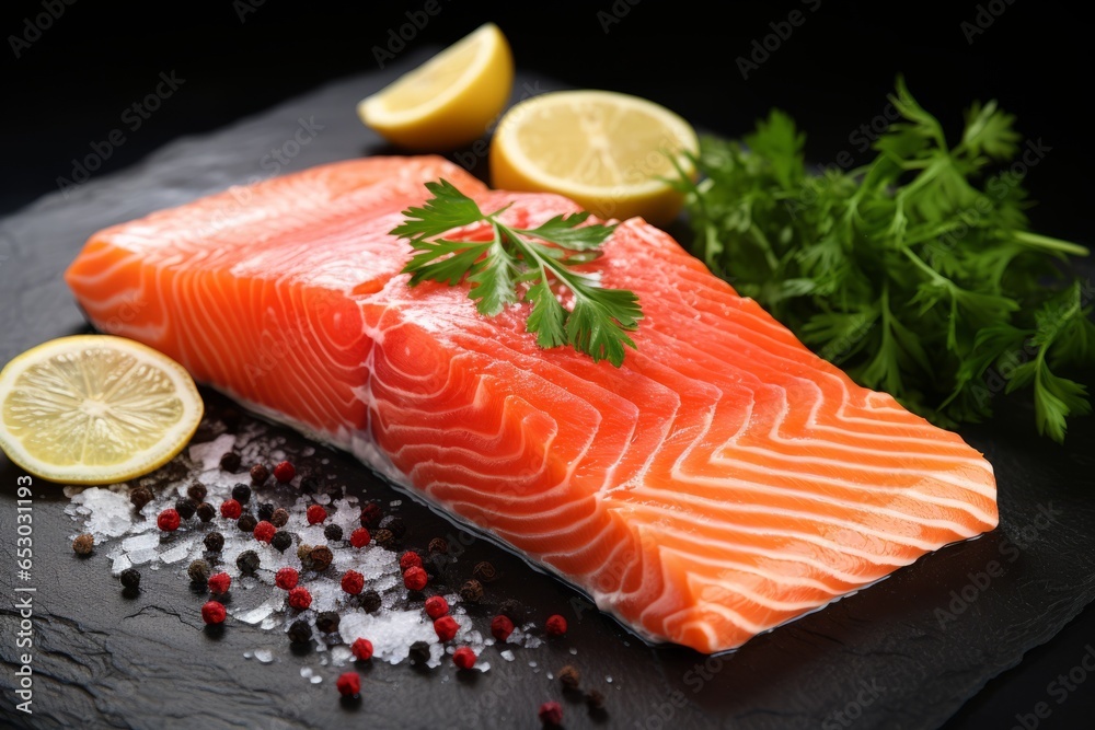 Appetizing salmon on a dark background with selective focus