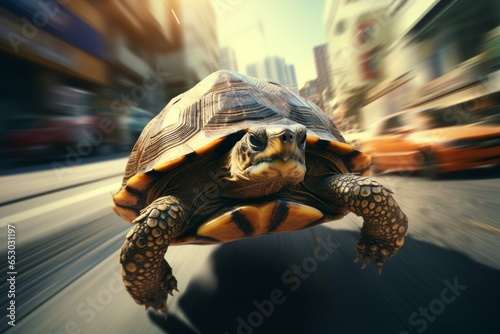 A turtle running at high speed with motion blur. Background with selective focus and copy space