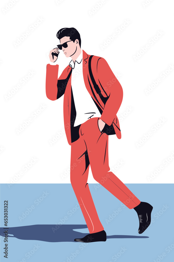 Vector illustration of a young man in a red suit walking and talking on the phone Vector illustration of a young man in a red suit walking and talking on the phone