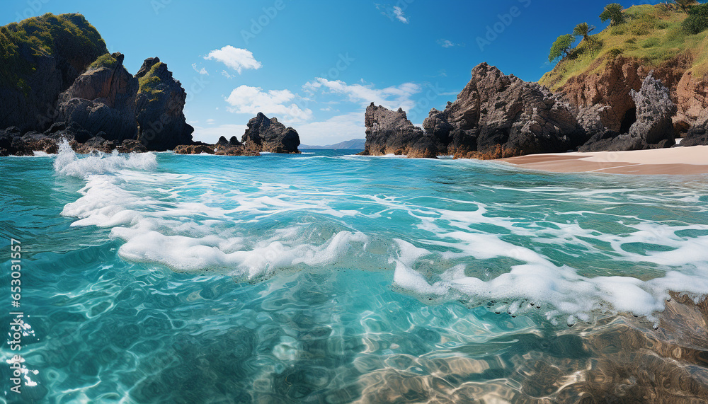A majestic coastline, waves crash on cliffs, nature beauty generated by AI A majestic coastline, waves crash on cliffs, nature beauty generated by AI