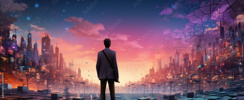 A business man in a smart city, with data connections all around. Generative AI. A business man in a smart city, with data connections all around. Generative AI.