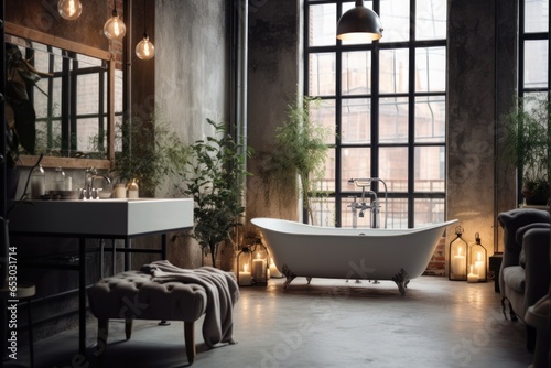 Interior of a modern and contemporary minimalistic bathroom with plenty of natural light coming through a big window