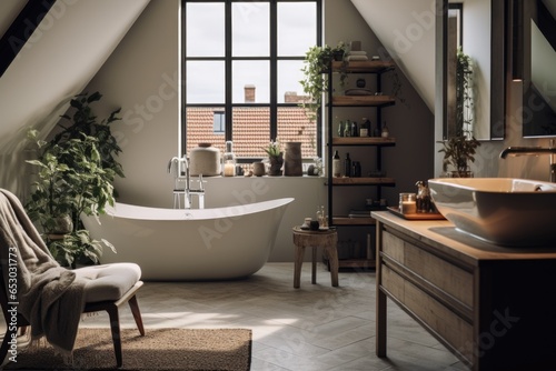 Interior of a modern and contemporary minimalistic bathroom with plenty of natural light coming through a big window