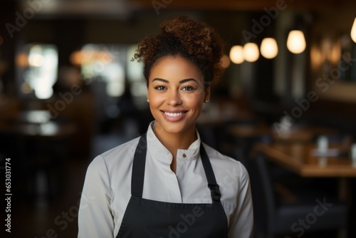 Female cook with happy emotion. Portrait with selective focus and copy space