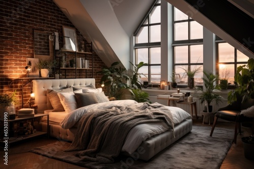 Interior of a cozy modern and contemporary bedroom with plenty of natural light entering from the big windows © Geber86