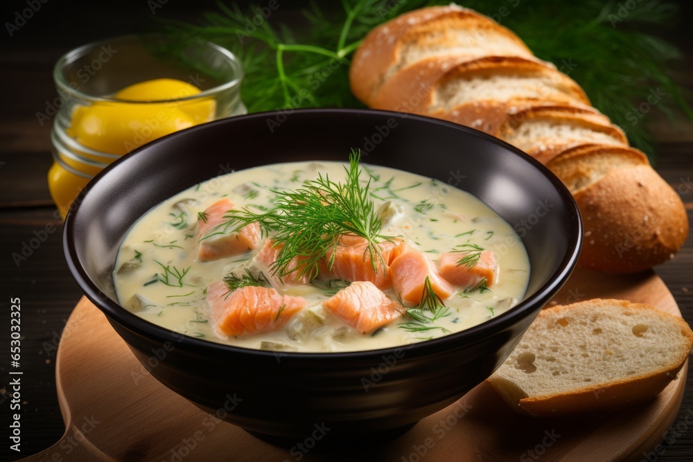A Mouthwatering Close-Up of Finland's Traditional Lohikeitto - Creamy Salmon Soup with Dill and Potatoes