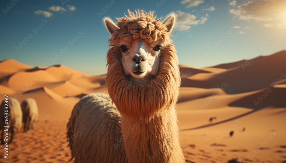 A camel portrait in the arid desert at sunset generated by AI