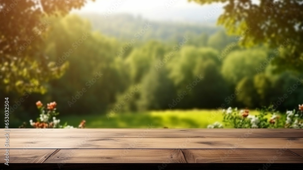 copy space blur spring background with Table wood
