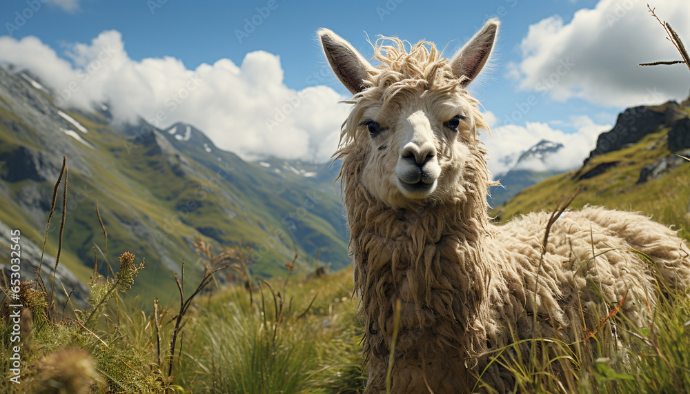 Obraz premium A cute alpaca grazing in a green meadow, surrounded by mountains generated by AI