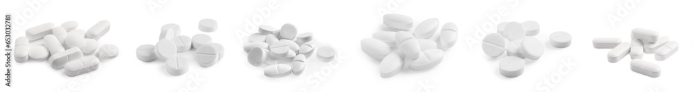 Set with piles of different pills isolated on white Set with piles of different pills isolated on white