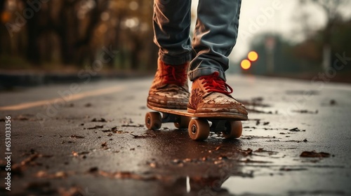 Crop kid in sneakers riding shabby skateboard on asphalt path

