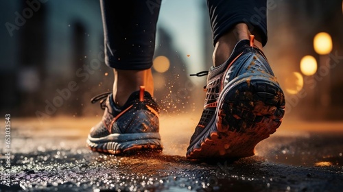 Runner feet running on road closeup on shoe
