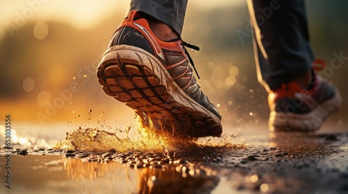 Runner feet running on road closeup on shoe
