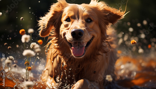 Cute wet puppy playing in the grass, joyful and cheerful generated by AI © grgroup