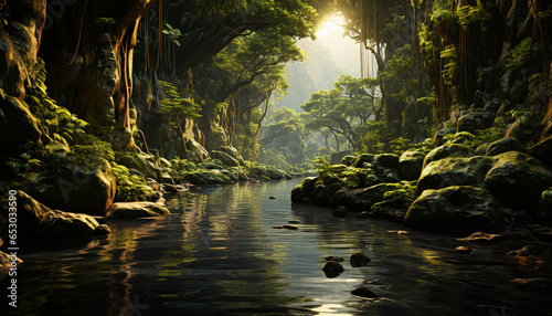 Tranquil scene: lush green forest, flowing water, reflecting sunlight generated by AI