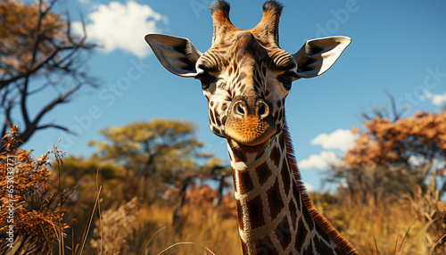 Giraffe standing in the savannah, looking at camera, surrounded by wildlife generated by AI