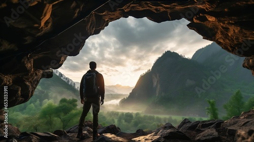 Adventurous hiker in cave with rocky mountain sunset