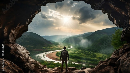 Adventurous hiker in cave with rocky mountain sunset