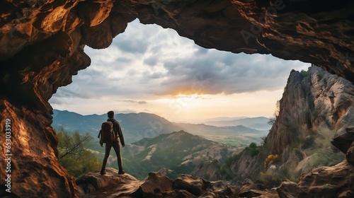 Adventurous hiker in cave with rocky mountain sunset