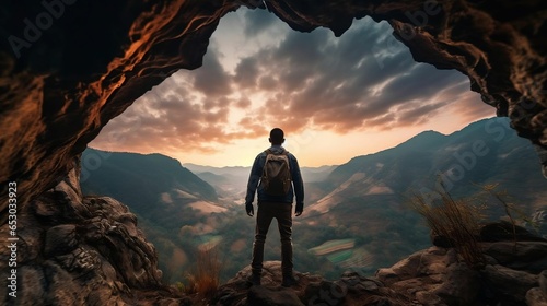 Adventurous hiker in cave with rocky mountain sunset