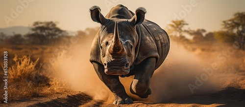 Rhino charges towards camera in the open photo
