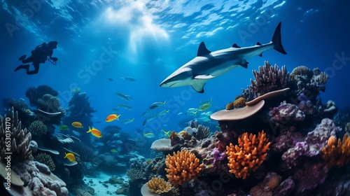 Caribbean reef sharks and divers in clear blue water

