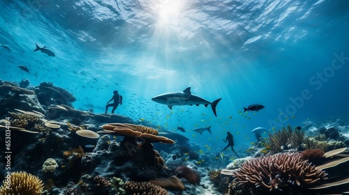 Caribbean reef sharks and divers in clear blue water
