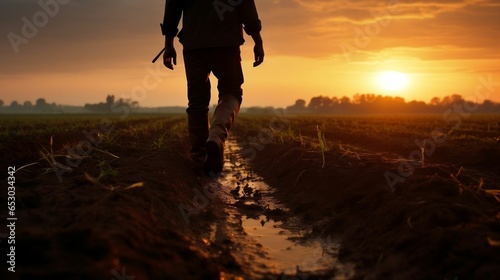 Farmer's silhouette walking across plowed field at sunset