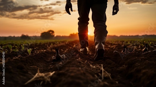 Farmer's silhouette walking across plowed field at sunset
