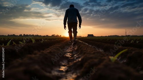 Farmer's silhouette walking across plowed field at sunset