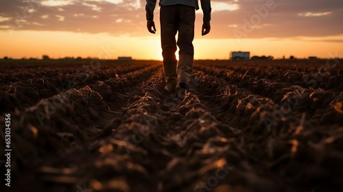 Farmer's silhouette walking across plowed field at sunset