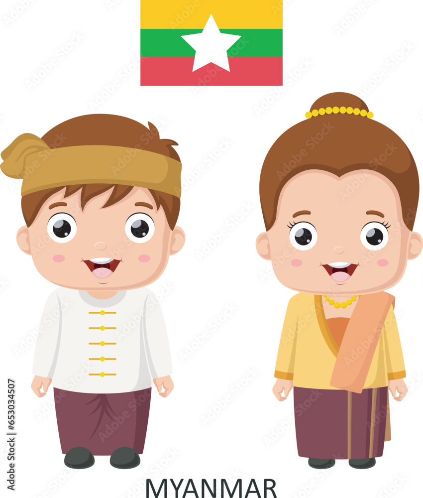 Cute myanmar boy and girl in national clothes