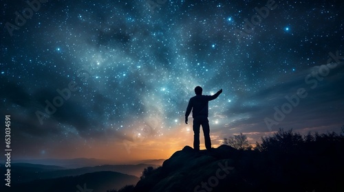 Silhouette of guy with raised arm on hill, starry night