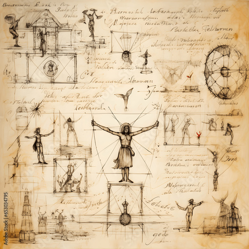 Page composition inspired by Leonardo da Vinci's Vitruvian Man, background sketches and scientific illustrations, pen and ink on parchment paper, hand drawn photo