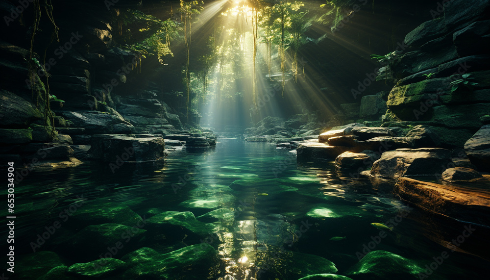 Tranquil scene of a tropical rainforest, flowing water, and green trees generated by AI