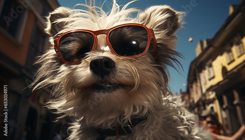 A cute puppy wearing sunglasses, looking at the camera generated by AI © grgroup