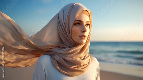 Photo on the beach with a hijab fluttering in the sea breeze