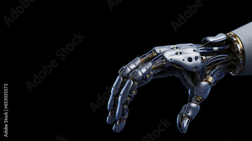 3D rendering artificial intelligence robotic hand isolated on a black background with copy space photo