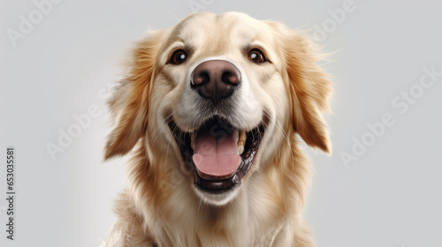 Golden retriever dog portrait with a big smile isolated on a grey background