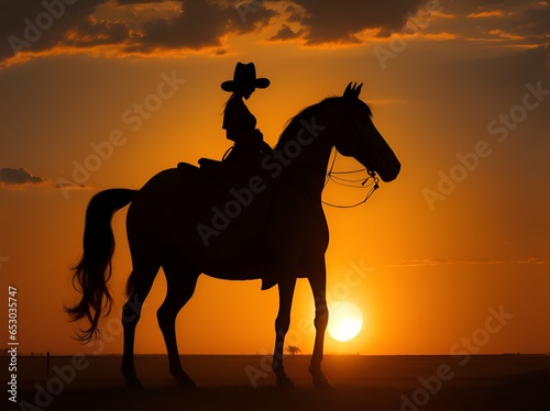 Silhouettes of a horse and a female rider in the setting sun