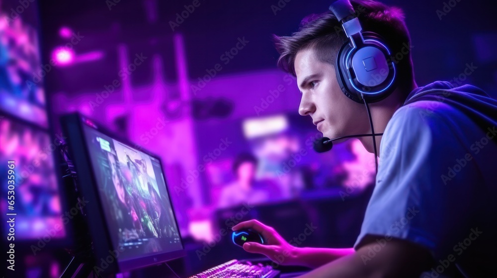 pro gamer man in headphones live streaming while playing online computer game, neon lights, esports,  gaming, monitor, play, young, player, internet, enjoyment, cyber,. - obrazy, fototapety, plakaty 
