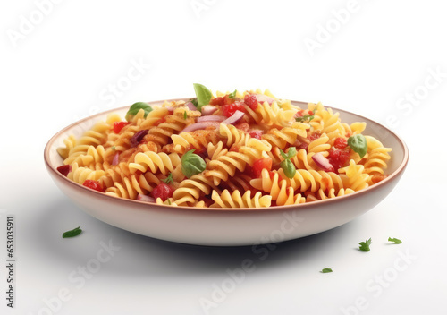 Bowl of delicious pasta isolated on a white background