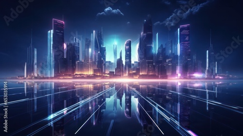 cityscape with space and neon light effect. Modern hi-tech  science  futuristic technology concept. Abstract digital high tech city design for banner background.